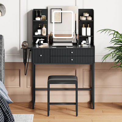 Ensemble de coiffeuse moderne avec miroir lumineux DEL, station de recharge, tabouret, 3 tiroirs, 6 étagères de rangement, support pour sèche-cheveux – Table de maquillage compacte pour chambre, tableau noir + structure en fer noir