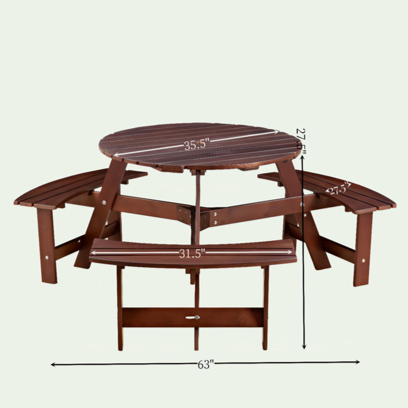 Brown Wooden Outdoor Round Picnic Table with Built-In Benches
