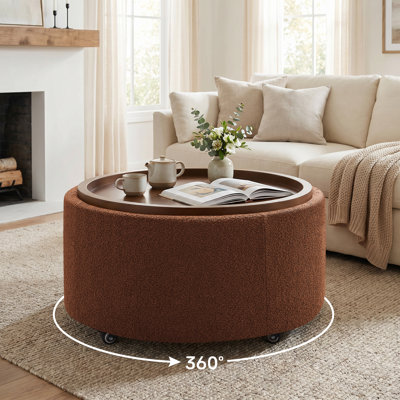 Caysey 30.1" W Upholstered Swivel Round Storage Ottoman with Wooden Tray