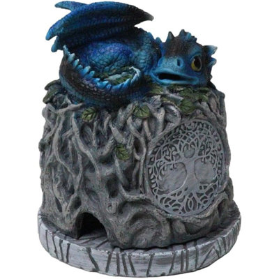 Figurine brûleur d'encens bleu wyrmling dormant sur un arbre de vie