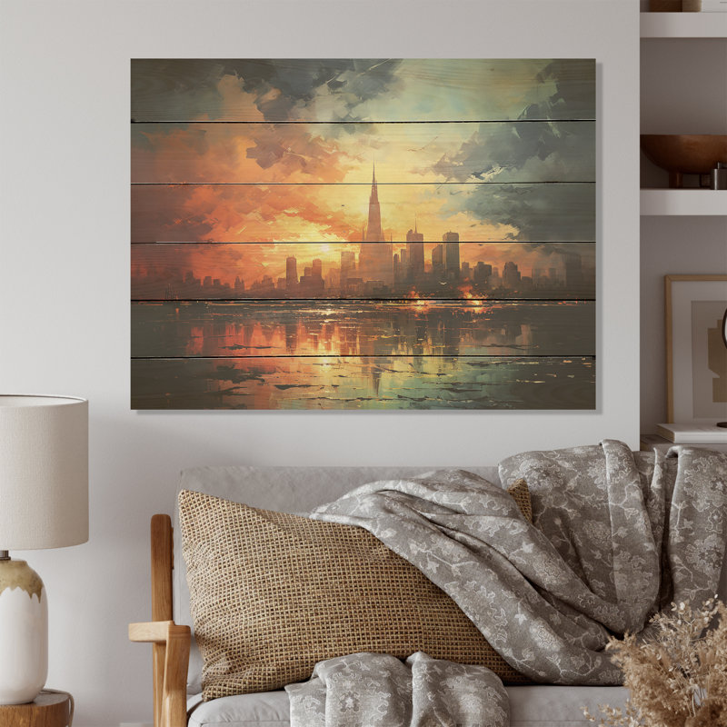 Modernisme, horizon urbain, art sur bois de pin naturel, H 10 po x l 20 po