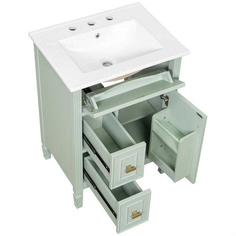 24-Inch Bathroom Vanity With Sink, Solid Wood And MDF Cabinet With One Flip Drawer, Two Standard Drawers, And Adjustable Shelf
