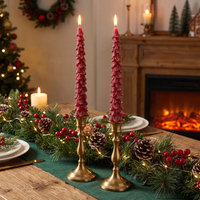 Gold-Tipped Burgundy Tree Taper Candle Set