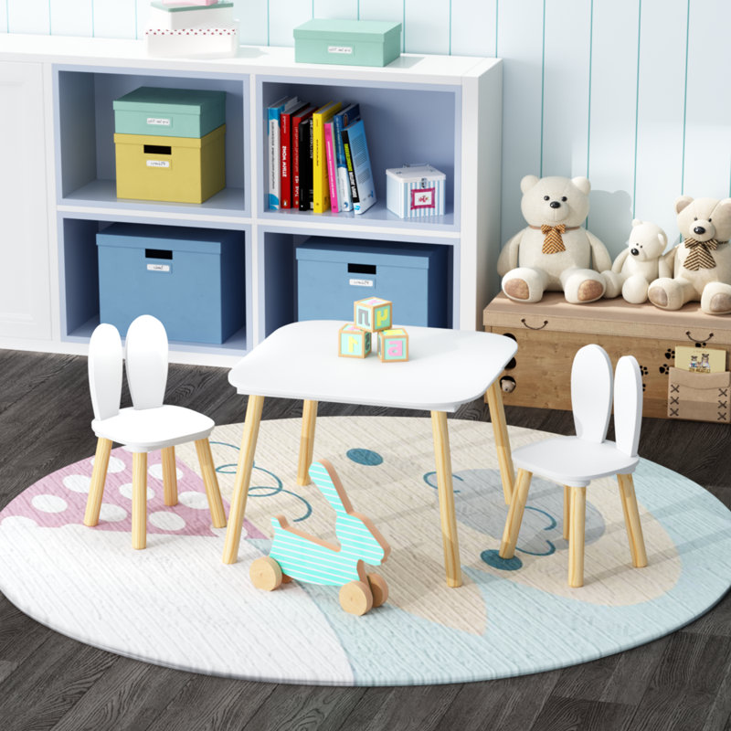 Ensemble de table et 2 chaises pour enfants, ensemble de 3 pièces de table et de chaises pour tout-petits à thème de lapin pour enfants, ensemble de table de jeu en bois pour enfants avec pieds en bois massif