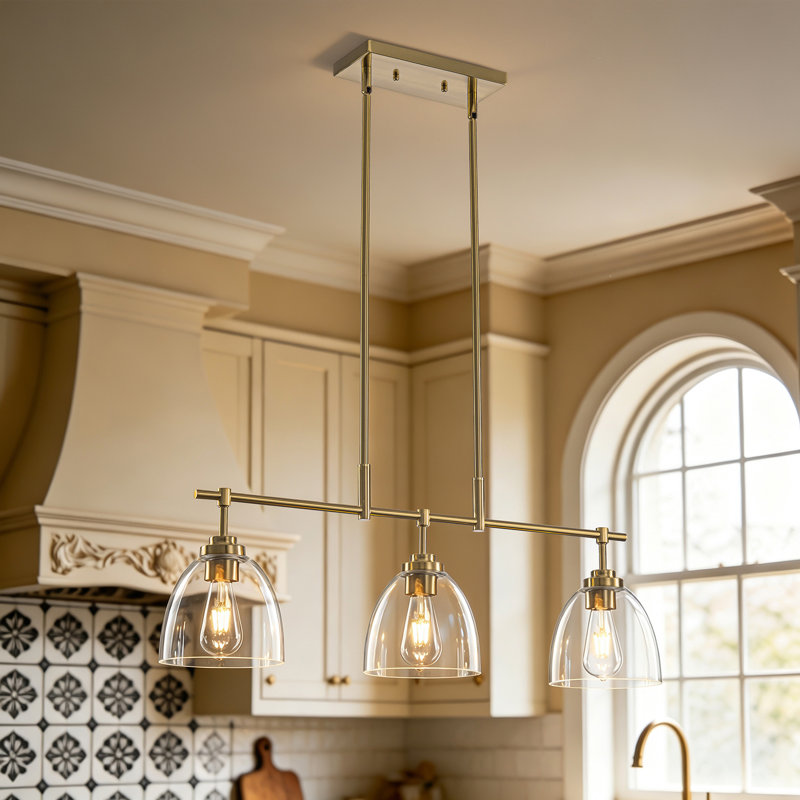 Suspension linéaire à 3 lumières pour îlot de cuisine avec abat-jour en verre transparent, Doré