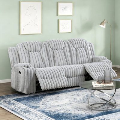 Ensemble de canapé en velours côtelé gris clair deux pièces avec dossiers réglables et console de rangement avec deux porte-gobelets
