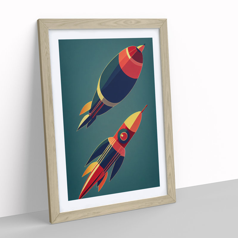Retro Spaceship Rockets - Framed Print, 46cm H x 34cm W x 2cm D, Oak Framed