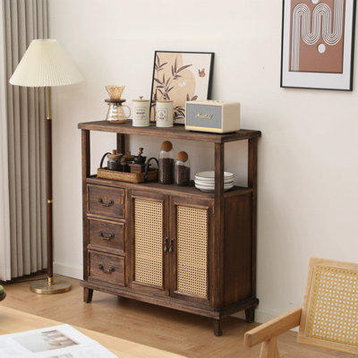 Dark-coffee+Beige Solid Wood+Rattan Sideboard