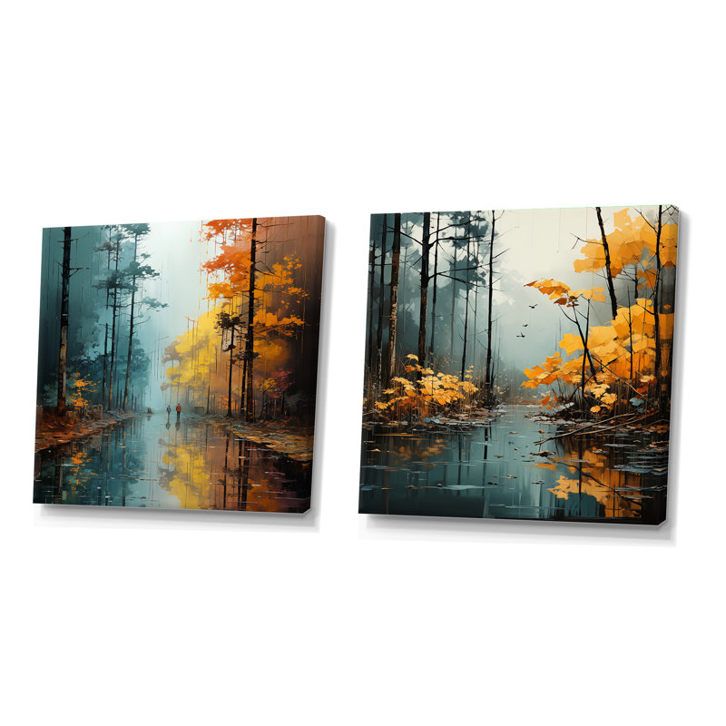 Autumn Forest Solitude - Ensemble de 2 collages carrés forêt, H 30 po x l 61 po, Toile tendue