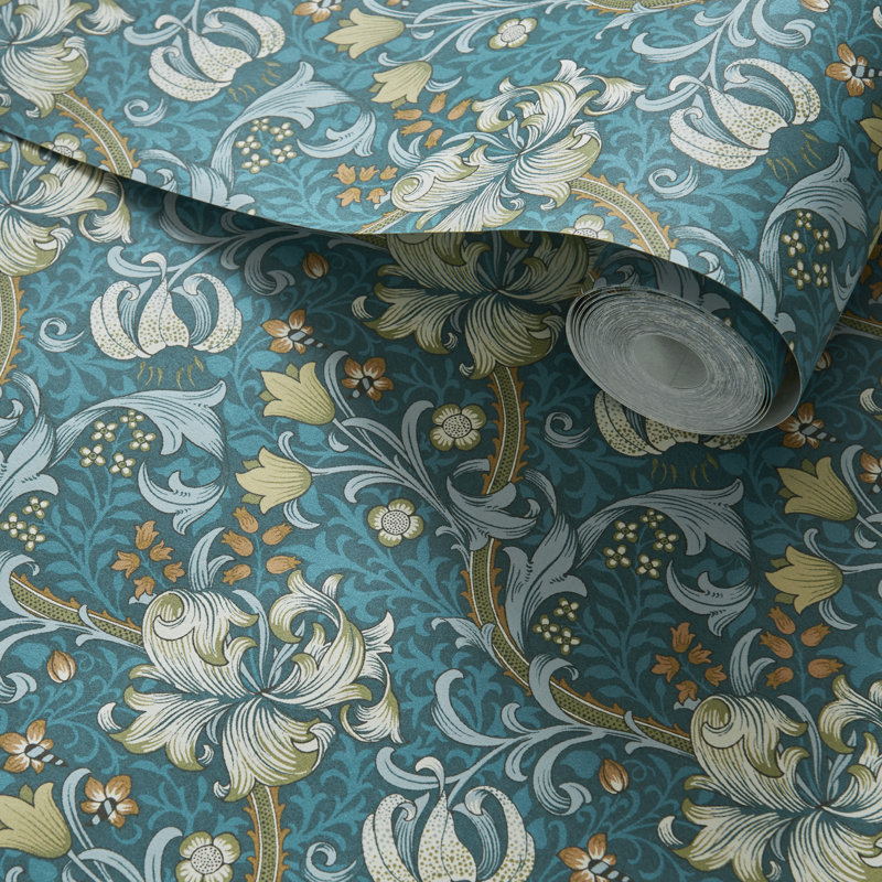Golden Lily William Morris 10.05m x 52cm Matte Wallpaper Roll, Teal/Green