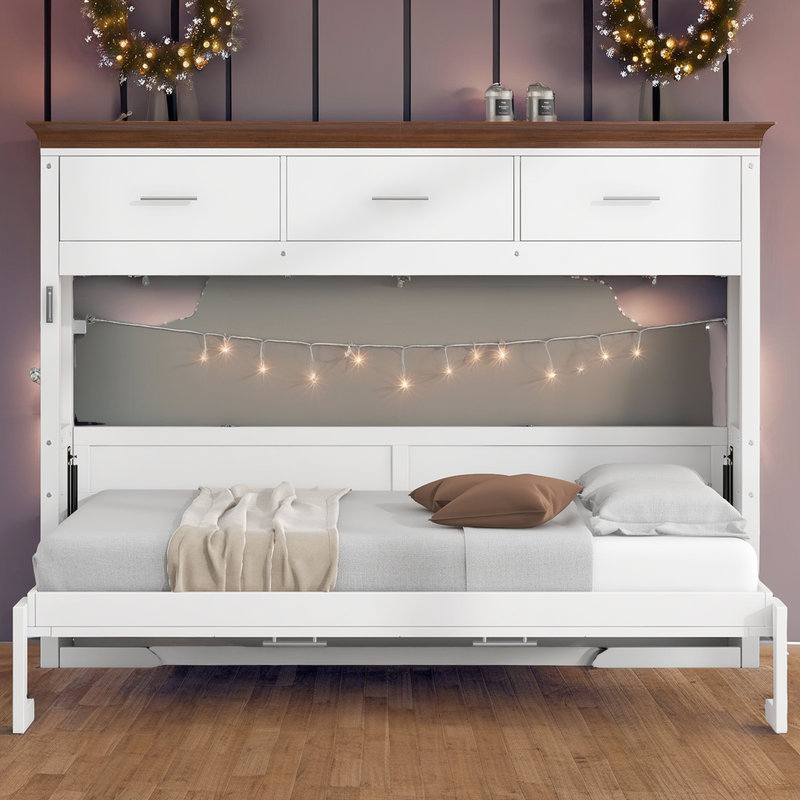 Lit escamotable simple avec 3 tiroirs - Lit escamotable mural - Finition blanche - Capacité de 400 lb