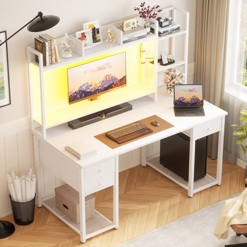 47"-59" Computer Desk with LED Lights & Outlet & Hutch, 59" H x 47.2" W x 18.9" D, White