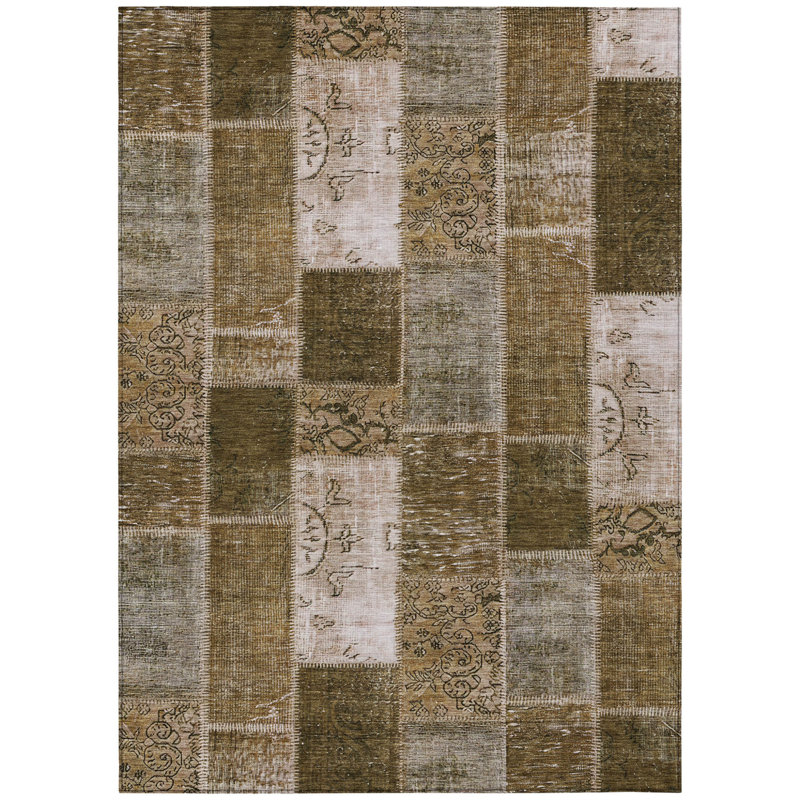 Tapis d'extérieur lavable en patchwork brun et ivoire 10 pi x 14 pi