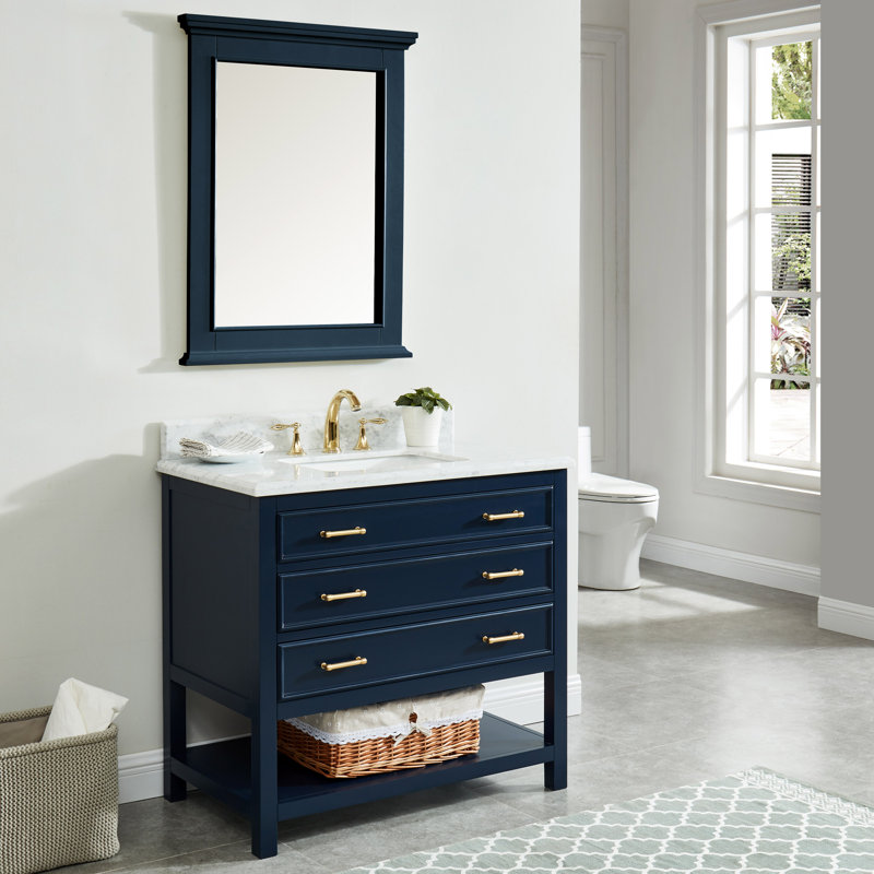 Pamula 36" Single Bathroom Vanity Set with Marble Top, Navy Blue, Navy Blue, Polished Marble