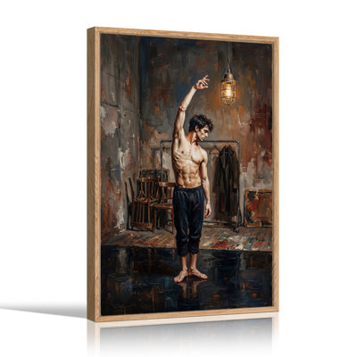 Shirtless Man Reaching for Industrial Lamp Canvas Wall Art