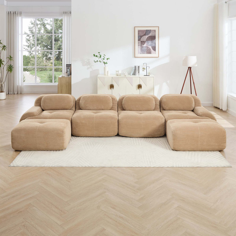 Canapé modulaire en U sans assemblage Tissu en velours côtelé respirant 32D à haute résilience avec accoudoirs courbés extra-larges Conception ergonomique adaptée aux animaux de compagnie pour les salons, chambres à coucher, chameau