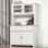 Buffet de cuisine 63,5 "avec huche, armoire de rangement garde-manger avec 4 tablettes, tiroirs, portes en verre encadrées, comptoir ouvert pour micro-ondes, blanc antique
