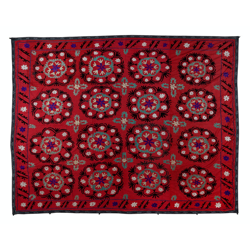 Nappe rétro 87 x 96 po. Housse de lit en soie brodée à la main. Décoration murale traditionnelle