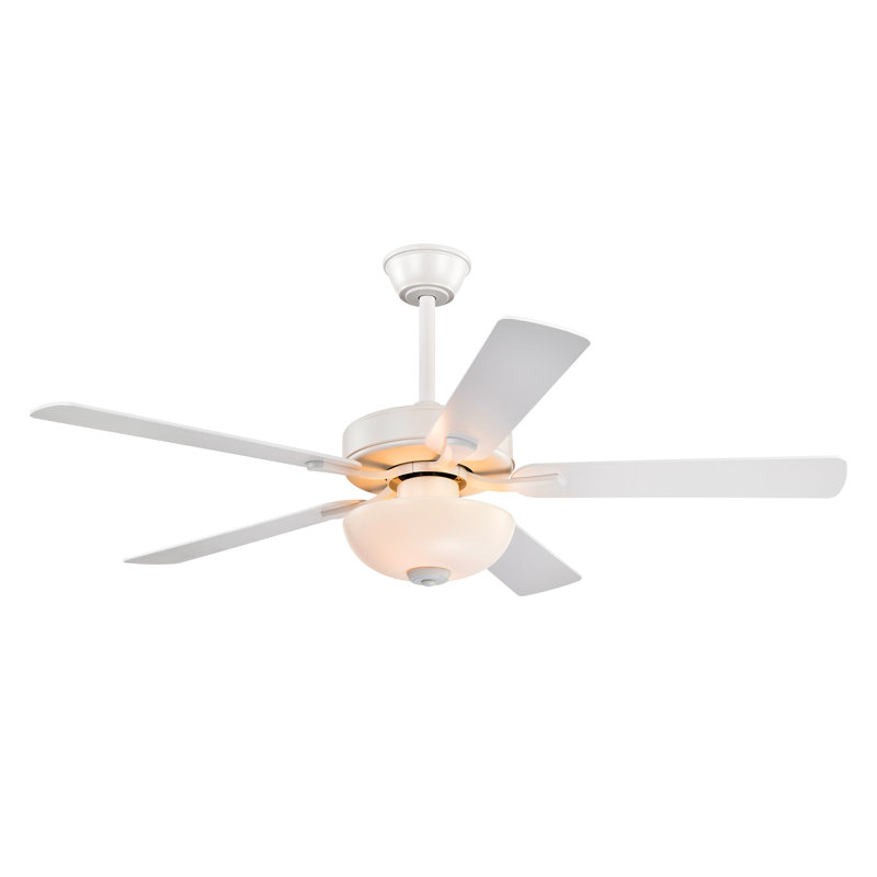 Ventilateur de plafond réversible 52 pouces à 5 pales avec lumière DEL et télécommande, Blanc; bois moyen, Blanc