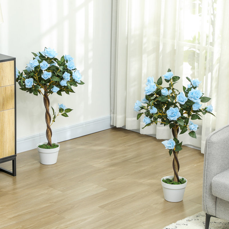 Outsunny 90cm Artificial Rose Tree with Twisted Trunk Set of 2 Pink, Light Blue