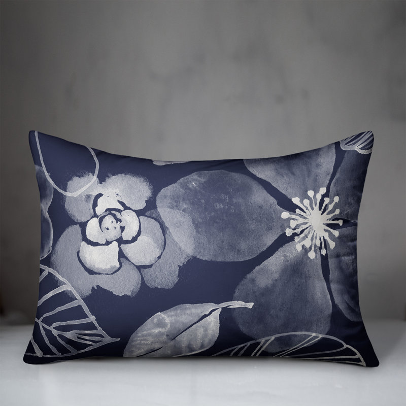 Floral Outdoor Reversible Throw Pillow, Navy, 18"H x 25"W
