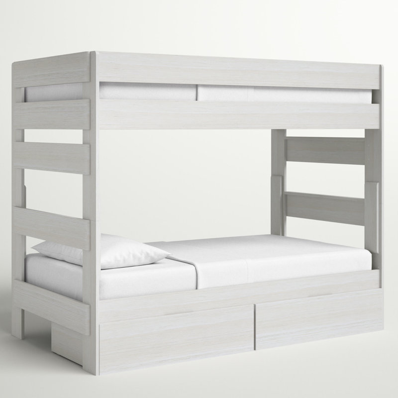 Lit superposé simple en bois massif à 2 tiroirs Decimus, Blanc délavé