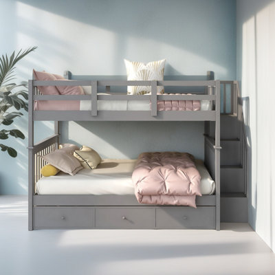Lit superposé double avec tiroir et garde-corps, lit superposé pour enfant pour chambre à coucher
