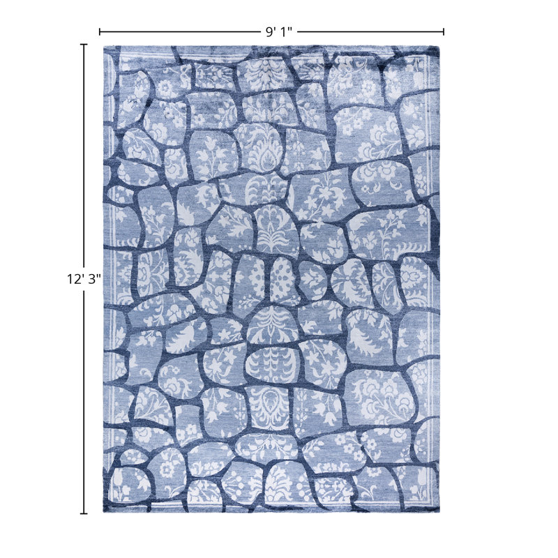 Blue Hand-Knotted Silk Rectangular Area Rug, 9' 1" x 12' 3"