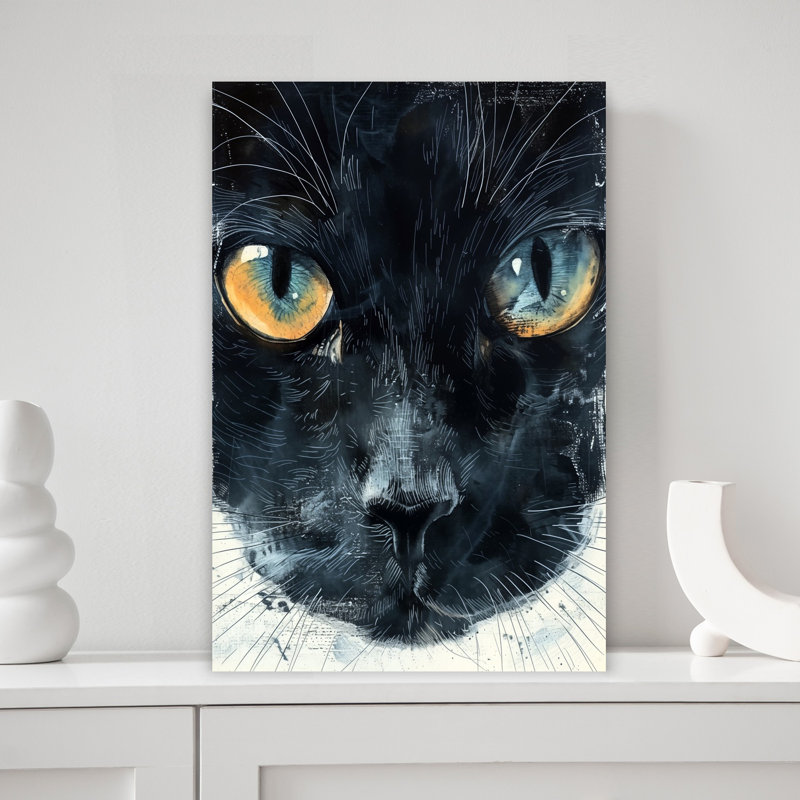 Chat noir captivant, art mural contemporain, H 18 po x l 12 po