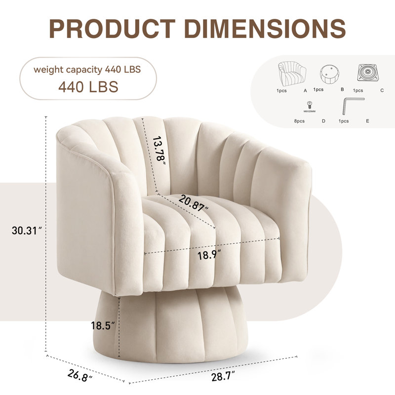 Swivel Chair, Velvet Upholstered Accent Chair, Small Swivel Chairs For Small Place, Barrel Chair For Living Room Or Bedroom