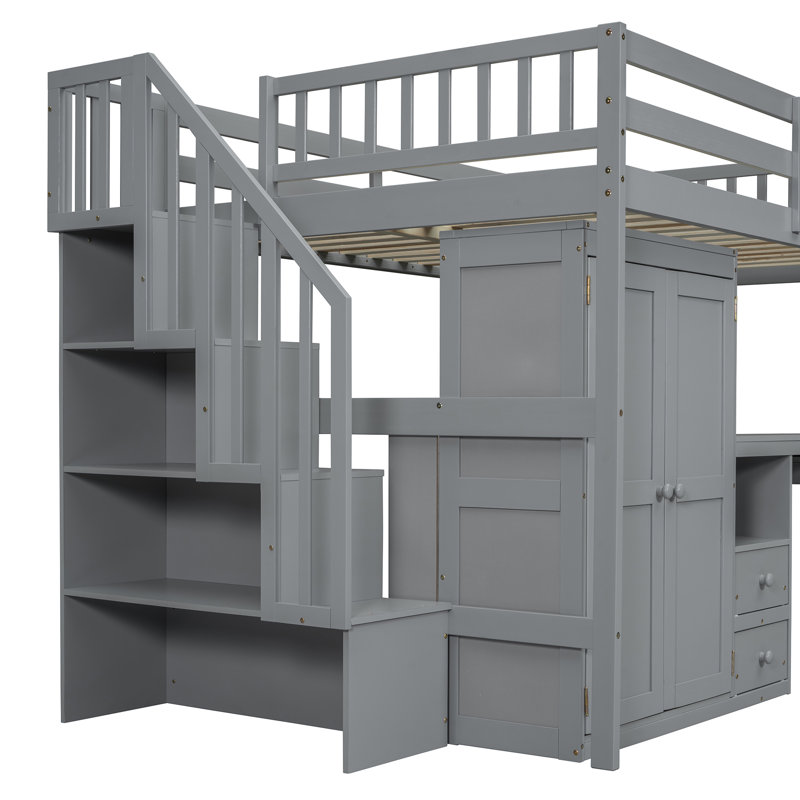 Loft Bed With Stairs, Bookshelf, Drawers, Desk Wardrobe – Space-Saving Multifunctional Furniture For Kids Teens, Gray, Full