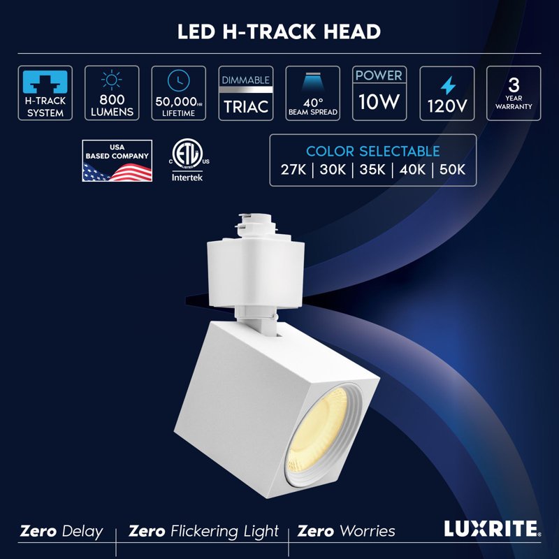 Luxrite 2 po Rail d'éclairage à DEL 5CCT, CRI90, 10 W, 800 lumens, inclinaison réglable de 358 ° + 90 °, têtes d'éclairage de type H, à intensité variable, ETL, paquet de 24 carrés blancs