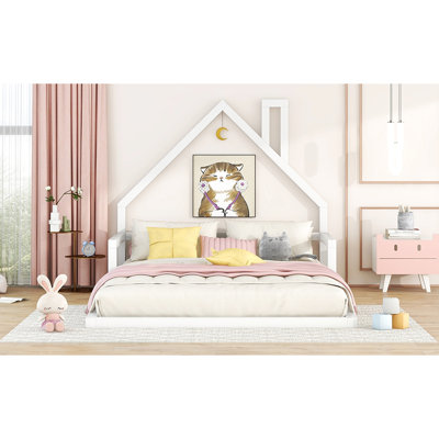 Lit double en bois blanc en forme de tête de lit en forme de maison blanche - Plancher décoratif élégant avec capacité de charge élevée captivante