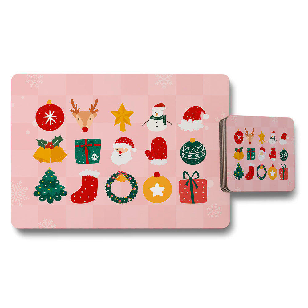 Christmas Placemats And Coaster Set With Festive Holiday Icons