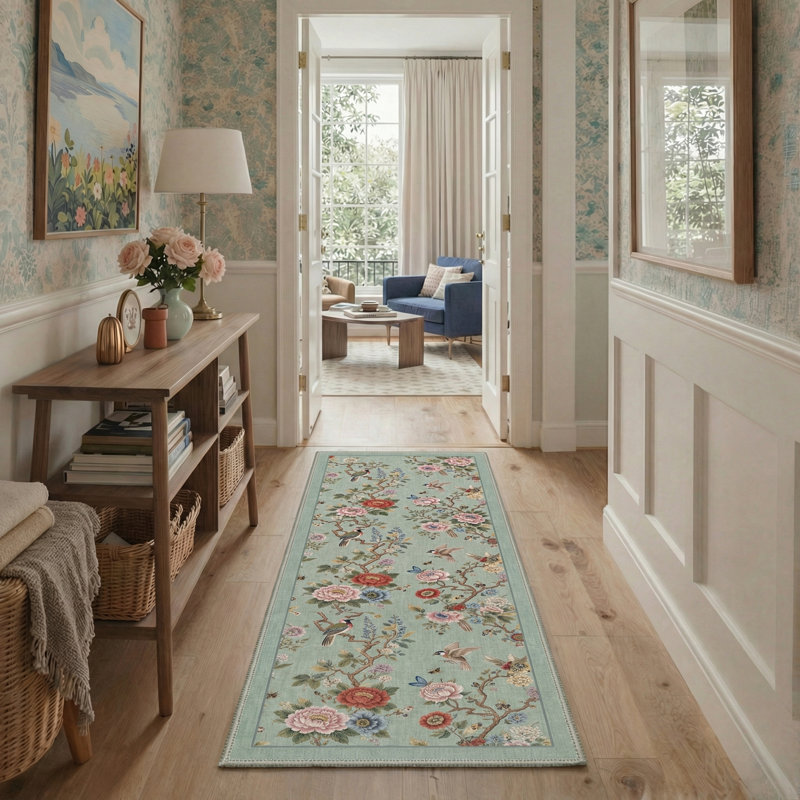 Orielle Oriental Machine Washable Green / Pink / Brown Indoor Area Rug with Non-Slip Backing, Runner 2'3" x 6'