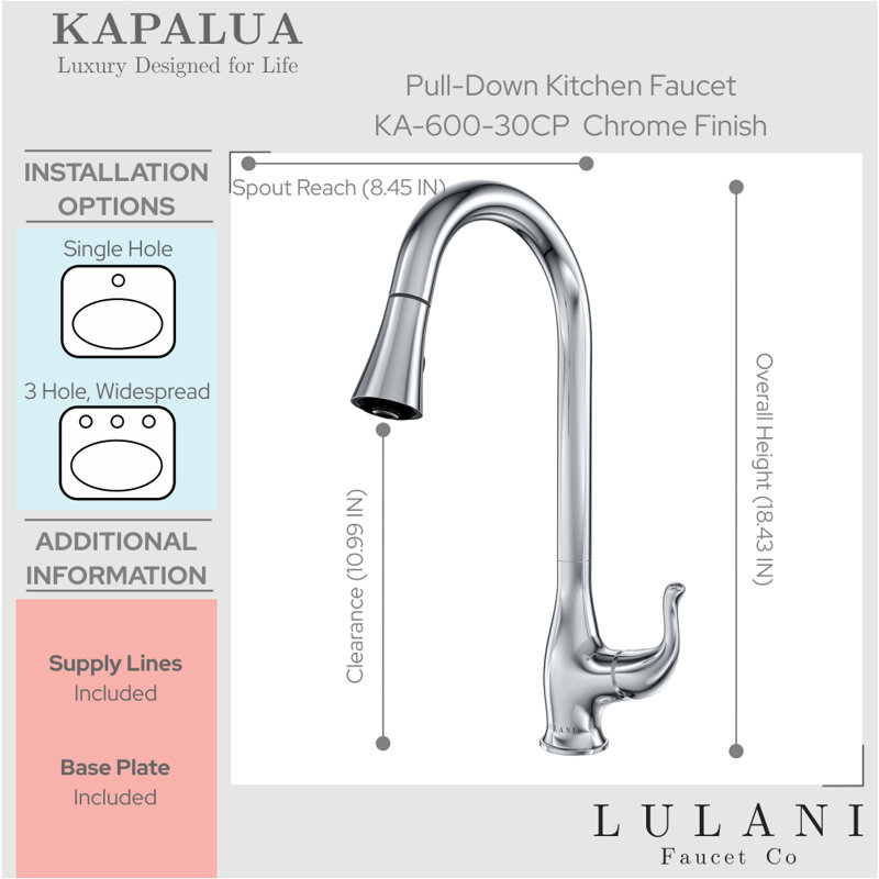 Lulani Kapalua Pull Down Single Handle Kitchen Faucet, Chrome