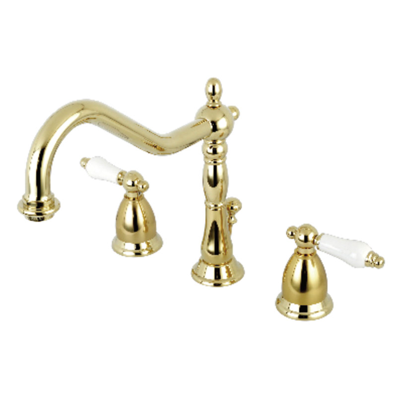 Kingston Brass Heritage Two-Handle 3-Hole Deck Mount Widespread Bathroom Faucet with Brass Pop-Up Drain, Polished Brass/White