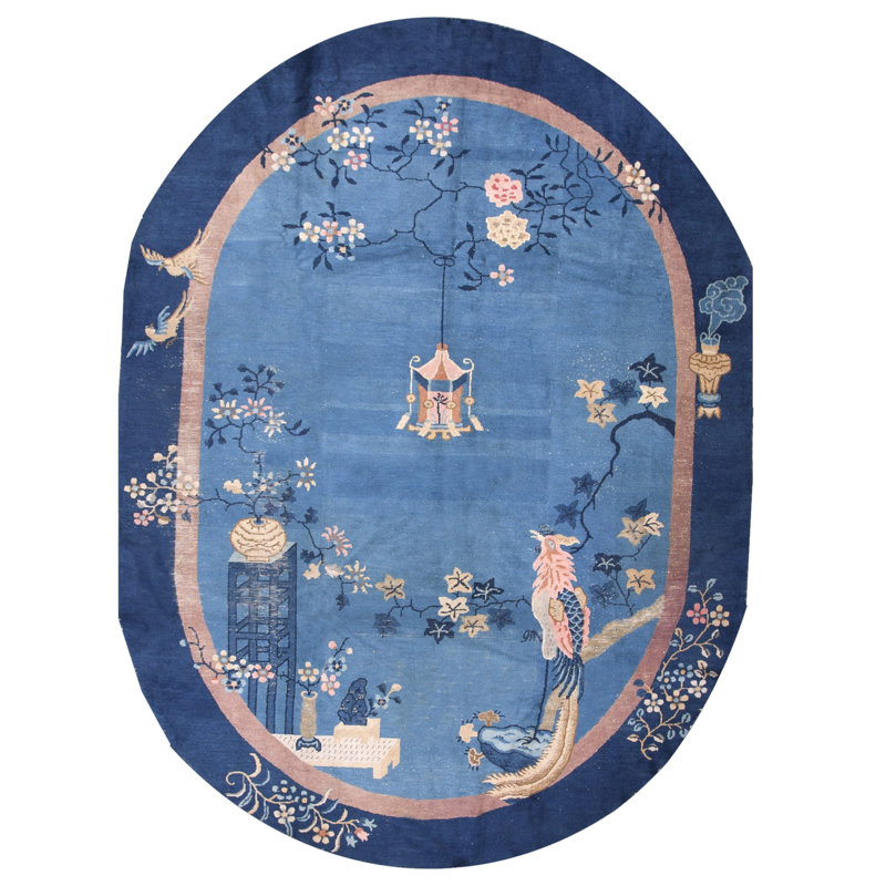 Antique Chinese Blue Color Oval Shape Room Size Peking Rug
