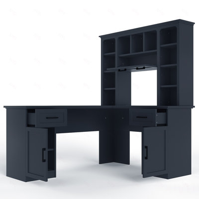 Bureau d'ordinateur en L avec 2 armoires et 2 tiroirs, 11 tablettes ouvertes et 1 tablette à droite rabattable avec rangement, avec prise de courant, pour bureau, salon et bureau