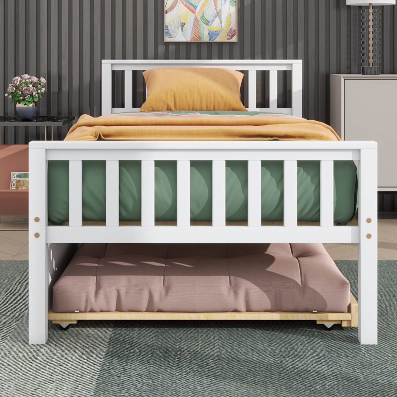 Structure de lit plateforme robuste avec lit gigogne extensible, Blanc