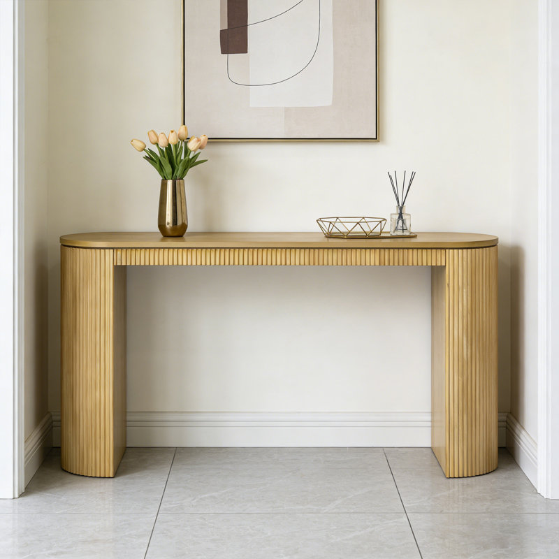 Curved Console Table With Unique Vertical Stripes, For Living Room, Study & Entryway, Natural