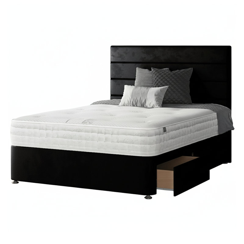 Kiara Stripped Floor Standing Headboard With Divan Base 4 Drawers Plush Velvet Mallard With And Metal Feet (Kingsize), Black