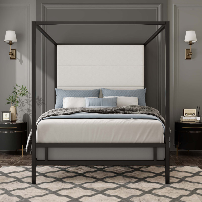 Lit à baldaquin luxueux avec tête de lit tapissier en velours et structure en métal durable, nécessite un sommier tapissier, très grand
