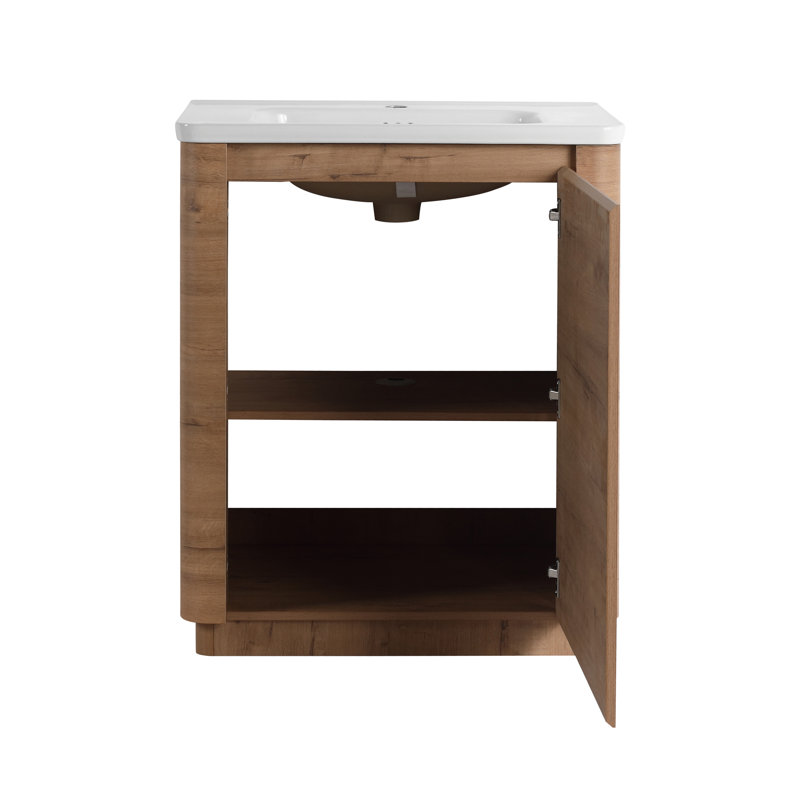 Free-Standing Single Bathroom Vanity Set With Ceramic Sink And Adjustable Shelf, Brun, 28"