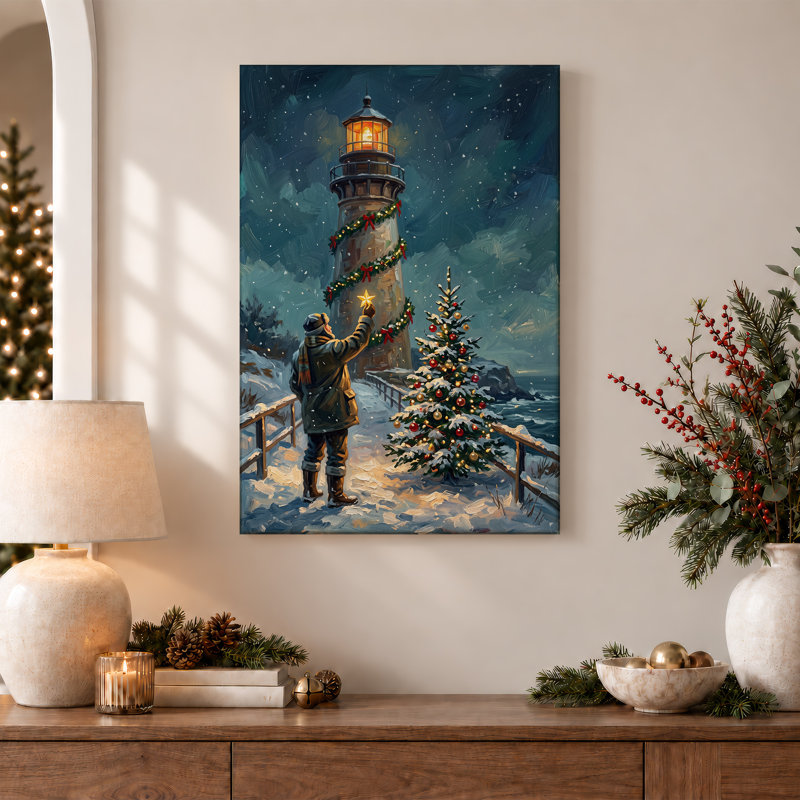 Glowing Lighthouse And Tree In Snow Christmas Canvas Wall Art, H 30 po x l 20 po