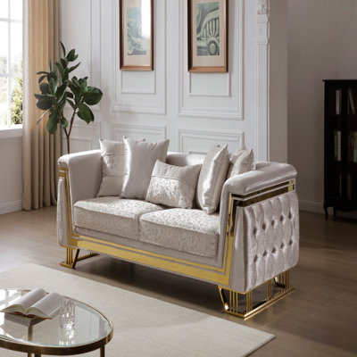 Oversize Silver Textured Sofa With Polished Gold Legs, Tufted Design & Fiber-Wrapped Cushions
