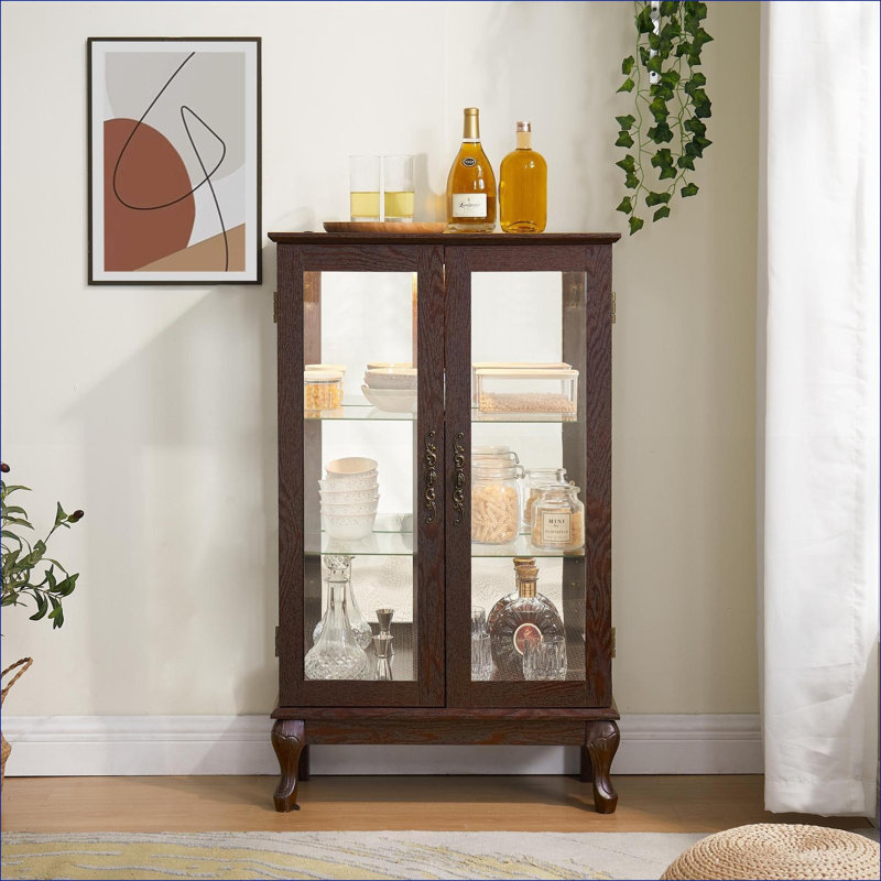 Armoires à souvenirs | Vitrine éclairée, portes en verre trempé, dossier en miroir, tablettes réglables, ampoule incluse, fini cerisier | Panneau de fibres à densité moyenne + verre | Traditionnel