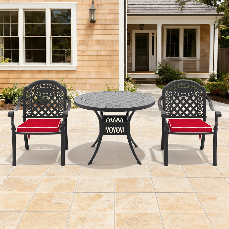 Ensemble de meubles de patio en aluminium coulé avec coussins rouges, 2