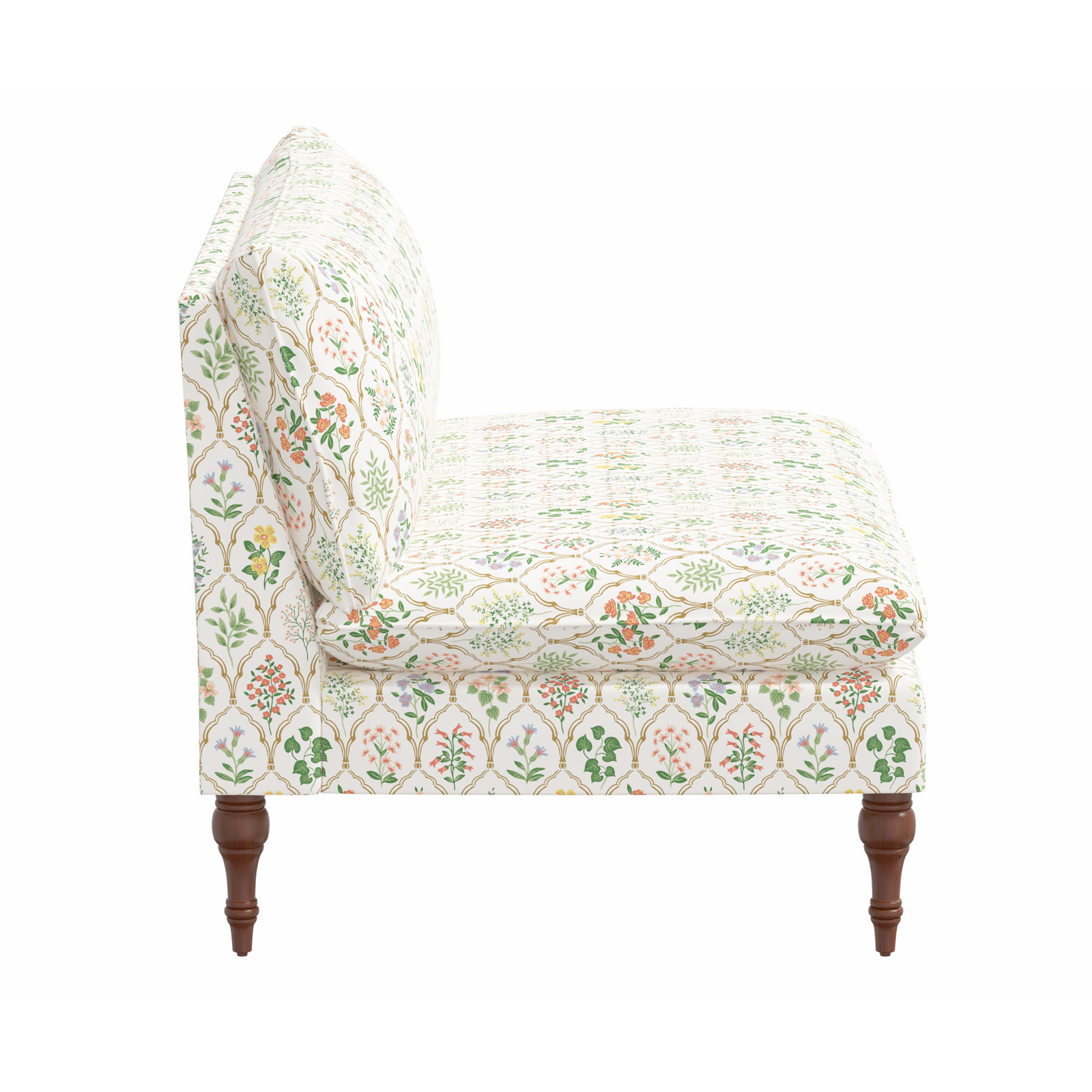 Rifle Paper Co. x Cloth & Company Louie Settee, Rpc Hawthorne Multi Linen, Espresso Wood