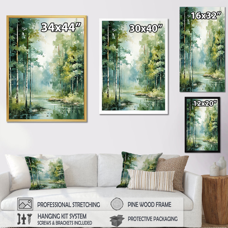 Tranquil Shadows Green Forest II - reproduction sur toile, H 40 po x l 30 po x P 1,5 po, Cadre flottant noir